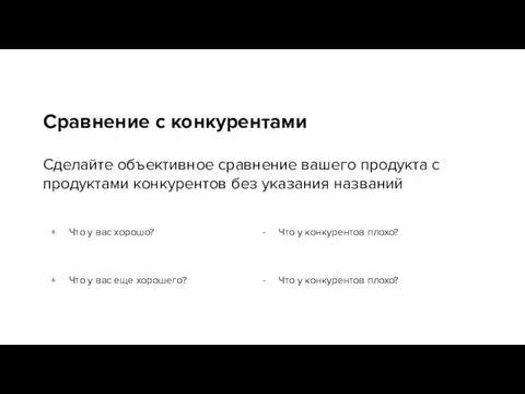 Сравнение с конкурентами Сделайте объективное сравнение вашего продукта с продуктами