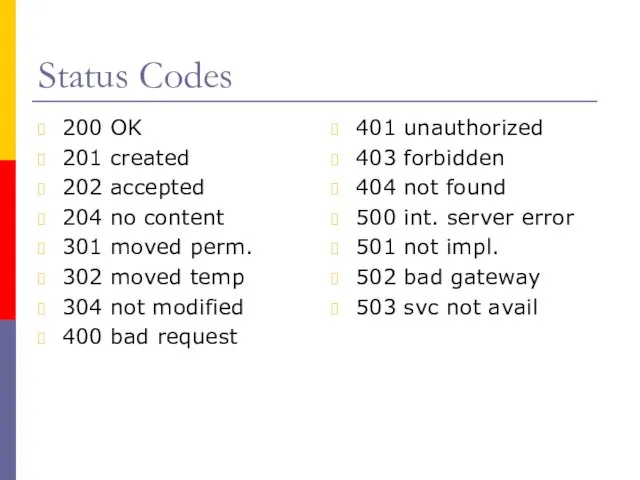 Status Codes 200 OK 201 created 202 accepted 204 no