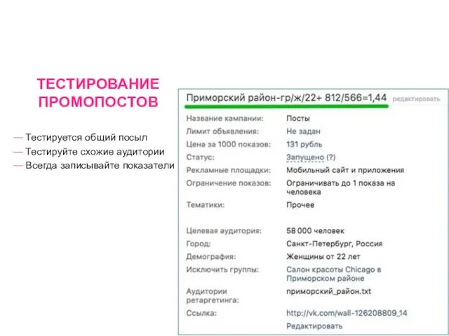 ТЕСТИРОВАНИЕ ПРОМОПОСТОВ — Тестируется общий посыл — Тестируйте схожие аудитории — Всегда записывайте показатели