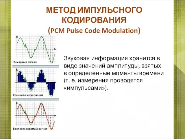 МЕТОД ИМПУЛЬСНОГО КОДИРОВАНИЯ (PCM Pulse Code Modulation) Звуковая информация хранится в виде значений