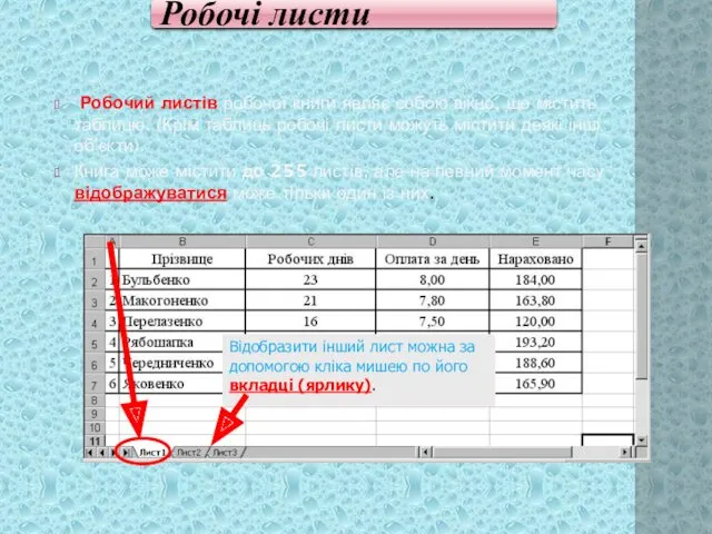 Робочі листи Робочий листів робочої книги являє собою вікно, що