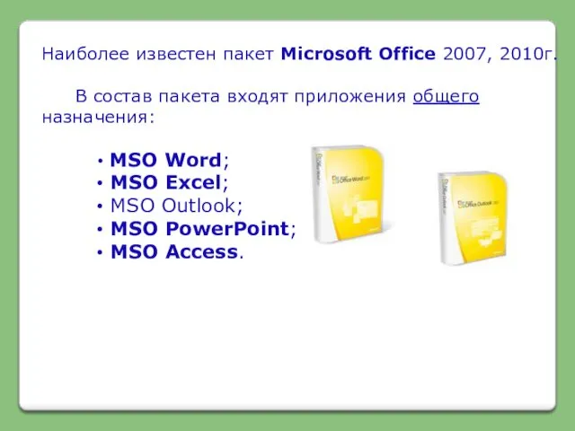 Наиболее известен пакет Microsoft Office 2007, 2010г. В состав пакета