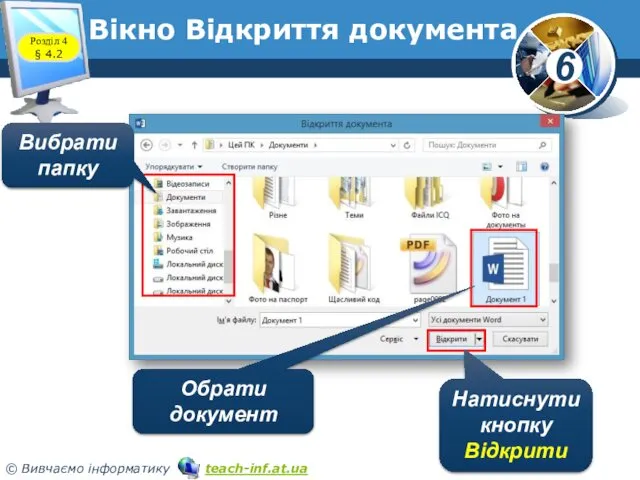 Вікно Відкриття документа Вибрати папку Обрати документ Натиснути кнопку Відкрити Розділ 4 § 4.2