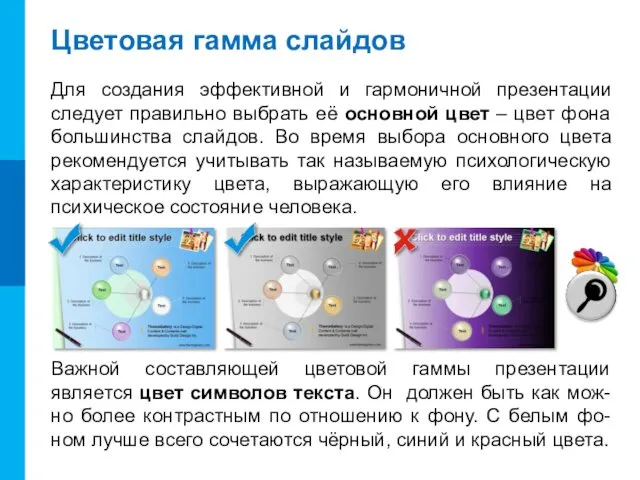 Цветовая гамма слайдов Для создания эффективной и гармоничной презентации следует