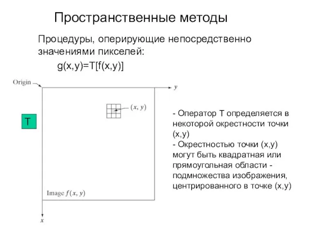 Пространственные методы Процедуры, оперирующие непосредственно значениями пикселей: g(x,y)=T[f(x,y)] - Оператор