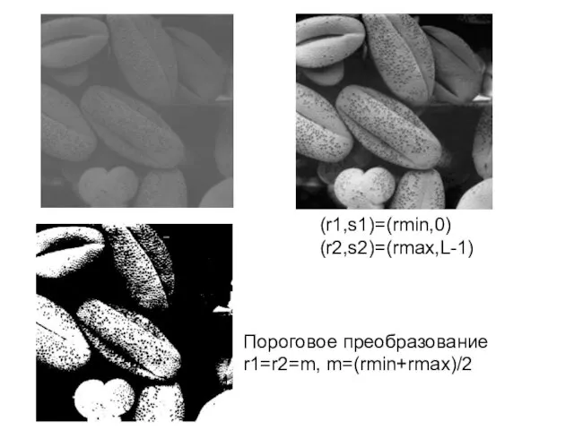 (r1,s1)=(rmin,0) (r2,s2)=(rmax,L-1) Пороговое преобразование r1=r2=m, m=(rmin+rmax)/2