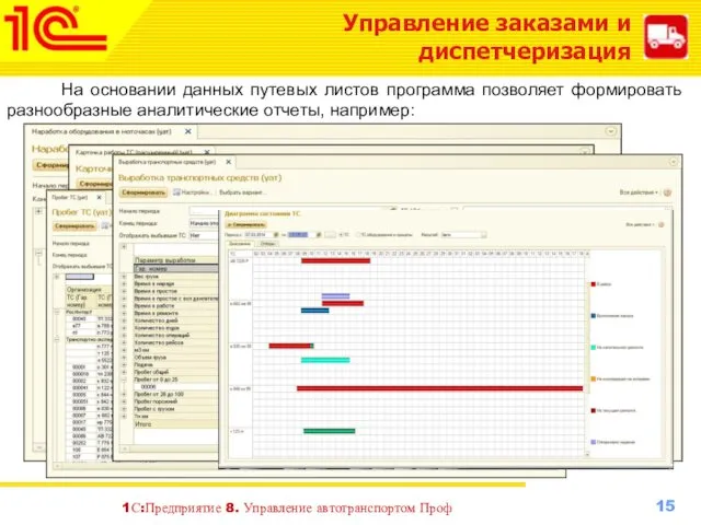 Управление заказами и диспетчеризация На основании данных путевых листов программа позволяет формировать разнообразные аналитические отчеты, например: