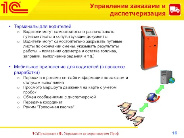 Управление заказами и диспетчеризация Терминалы для водителей Водители могут самостоятельно