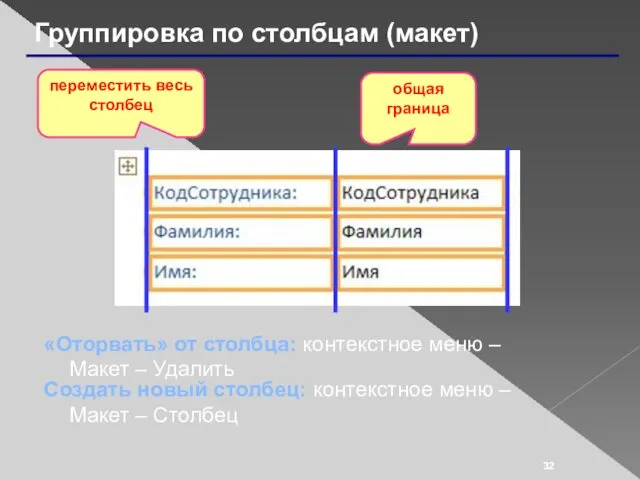 Группировка по столбцам (макет) общая граница переместить весь столбец «Оторвать»