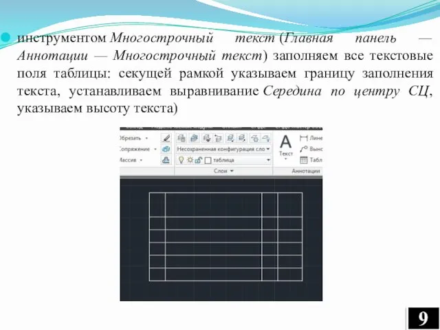 инструментом Многострочный текст (Главная панель — Аннотации — Многострочный текст)