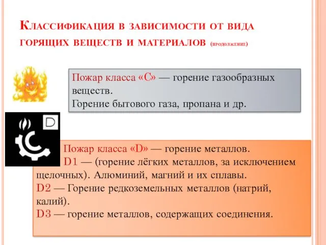 Классификация в зависимости от вида горящих веществ и материалов (продолжение)