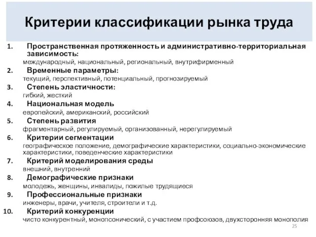 Критерии классификации рынка труда Пространственная протяженность и административно-территориальная зависимость: международный,