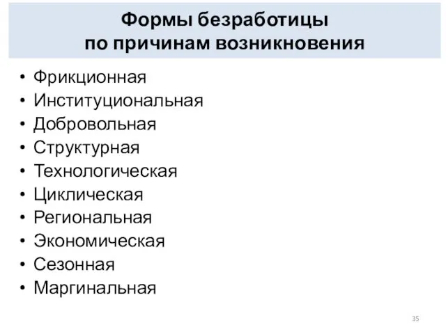 Формы безработицы по причинам возникновения Фрикционная Институциональная Добровольная Структурная Технологическая Циклическая Региональная Экономическая Сезонная Маргинальная