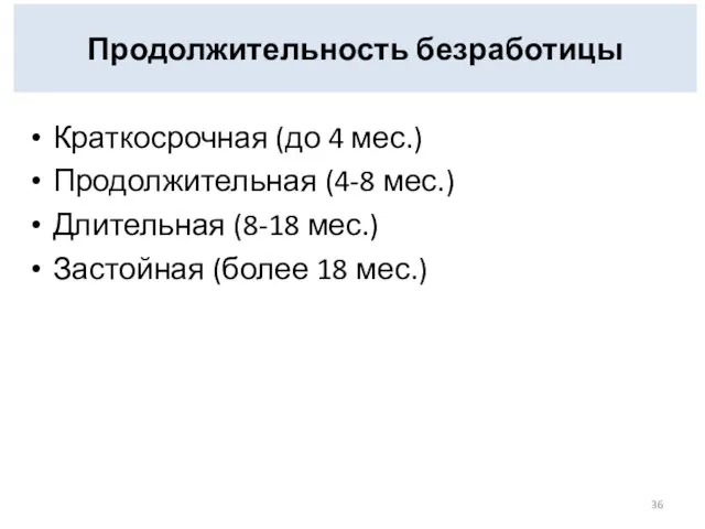 Продолжительность безработицы Краткосрочная (до 4 мес.) Продолжительная (4-8 мес.) Длительная (8-18 мес.) Застойная (более 18 мес.)