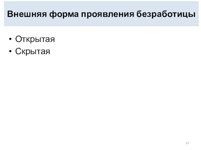 Внешняя форма проявления безработицы Открытая Скрытая