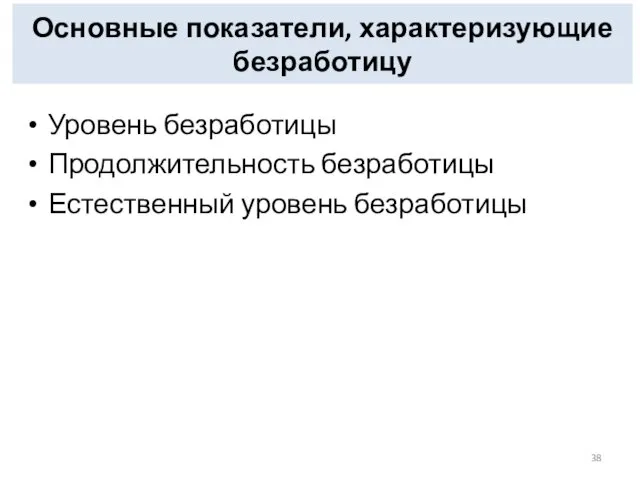 Основные показатели, характеризующие безработицу Уровень безработицы Продолжительность безработицы Естественный уровень безработицы