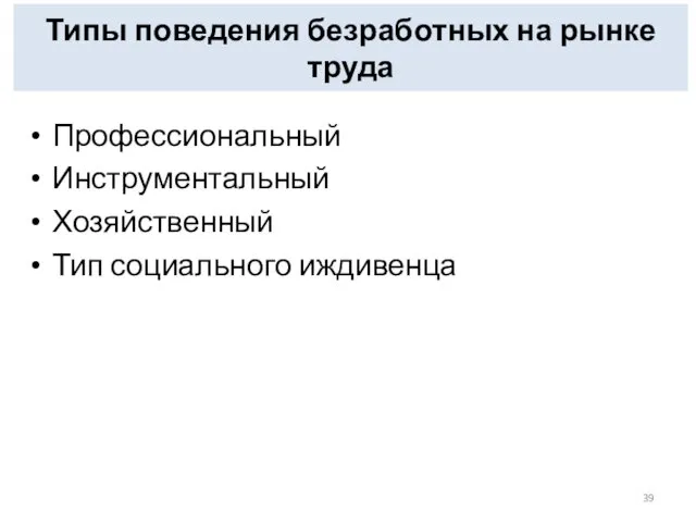 Типы поведения безработных на рынке труда Профессиональный Инструментальный Хозяйственный Тип социального иждивенца