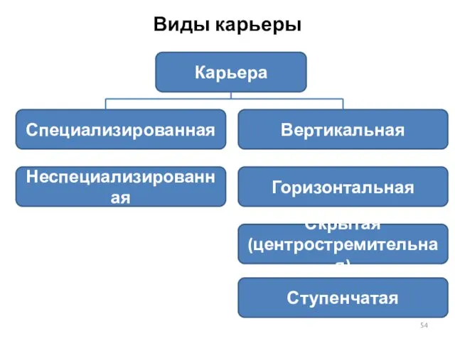 Виды карьеры Карьера Специализированная Неспециализированная Вертикальная Горизонтальная Скрытая (центростремительная) Ступенчатая