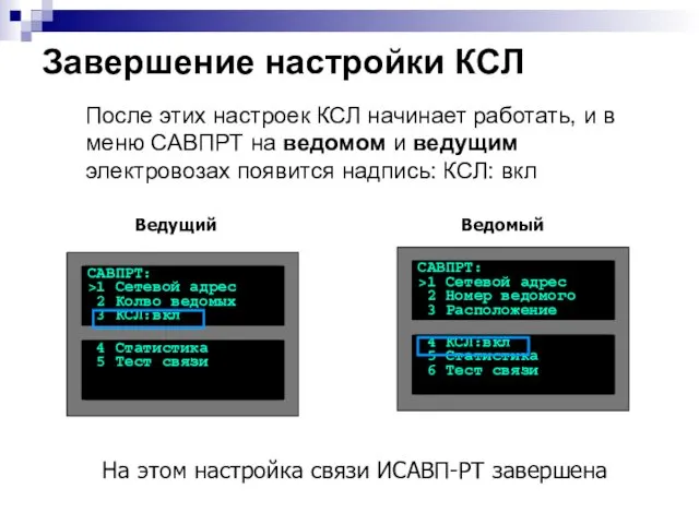 Завершение настройки КСЛ После этих настроек КСЛ начинает работать, и