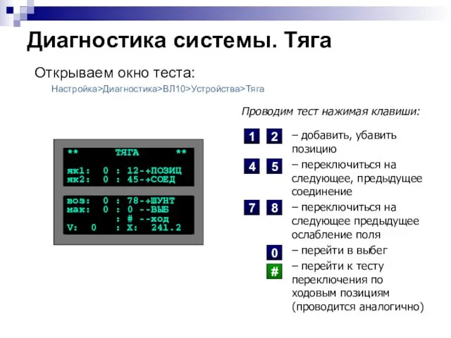 Диагностика системы. Тяга Открываем окно теста: Настройка>Диагностика>ВЛ10>Устройства>Тяга – добавить, убавить