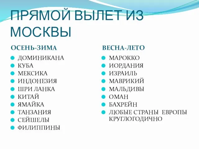 ПРЯМОЙ ВЫЛЕТ ИЗ МОСКВЫ ОСЕНЬ-ЗИМА ВЕСНА-ЛЕТО ДОМИНИКАНА КУБА МЕКСИКА ИНДОНЕЗИЯ