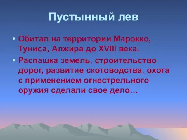 Пустынный лев Обитал на территории Марокко, Туниса, Алжира до ХVIII