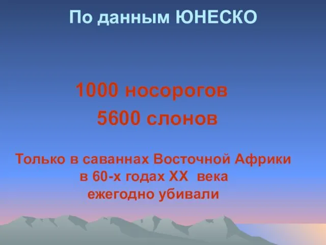 По данным ЮНЕСКО 1000 носорогов 5600 слонов Только в саваннах