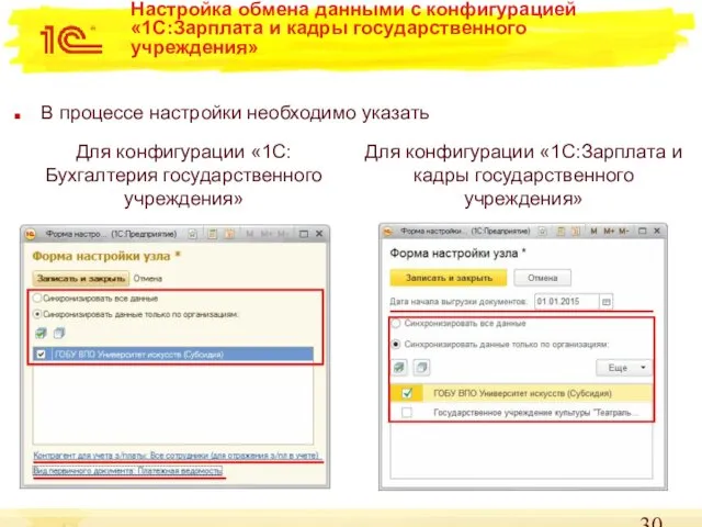 Настройка обмена данными с конфигурацией «1С:Зарплата и кадры государственного учреждения» В процессе настройки необходимо указать