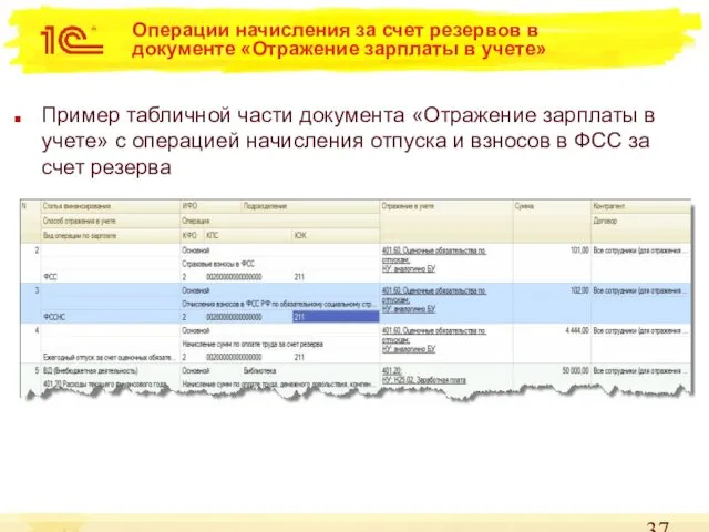 Операции начисления за счет резервов в документе «Отражение зарплаты в