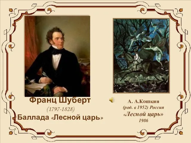 Франц Шуберт (1797-1828) Баллада «Лесной царь» А. А.Кошкин (род. в 1952) Россия «Лесной царь» 1986