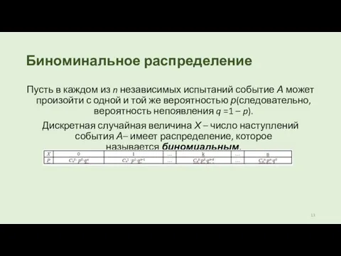 Биноминальное распределение Пусть в каждом из n независимых испытаний событие