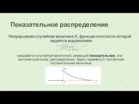 Показательное распределение Непрерывная случайная величина Х, функция плотности которой задается