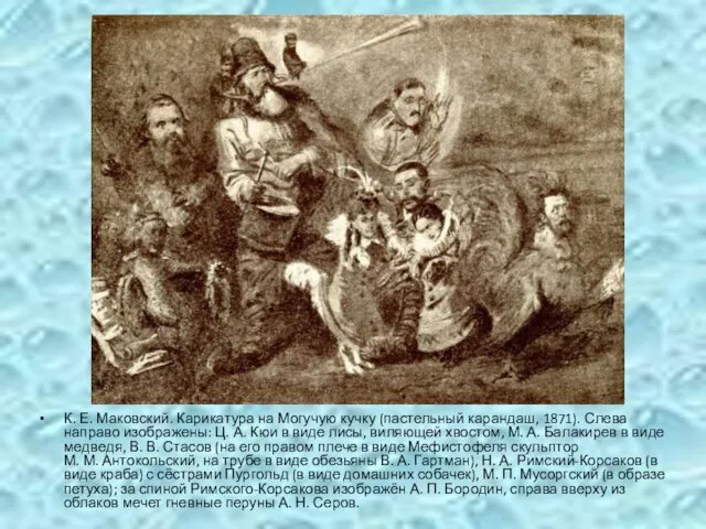 К. Е. Маковский. Карикатура на Могучую кучку (пастельный карандаш, 1871). Слева направо изображены: