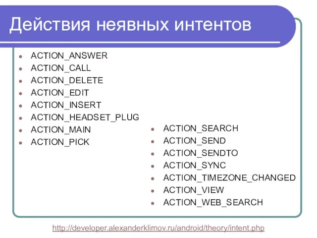 Действия неявных интентов ACTION_ANSWER ACTION_CALL ACTION_DELETE ACTION_EDIT ACTION_INSERT ACTION_HEADSET_PLUG ACTION_MAIN