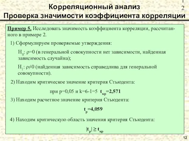 12 Корреляционный анализ Проверка значимости коэффициента корреляции Пример 5. Исследовать