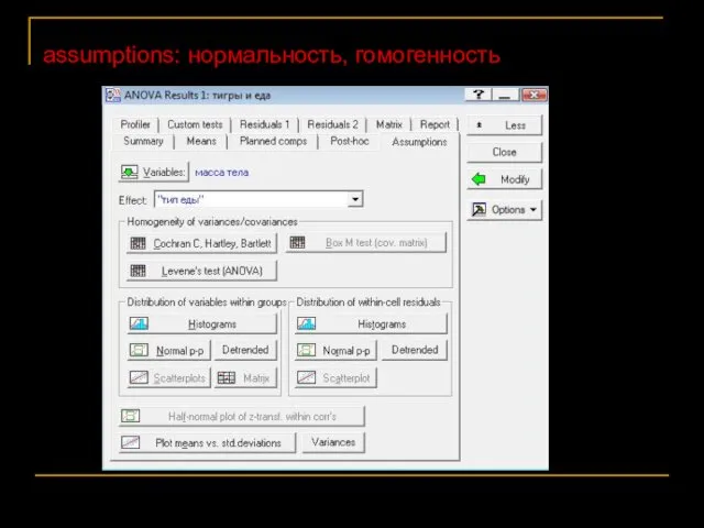 assumptions: нормальность, гомогенность