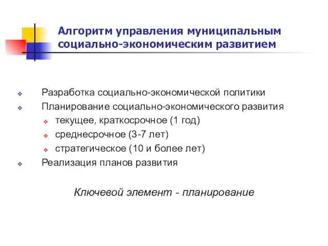 Алгоритм управления муниципальным социально-экономическим развитием Разработка социально-экономической политики Планирование социально-экономического