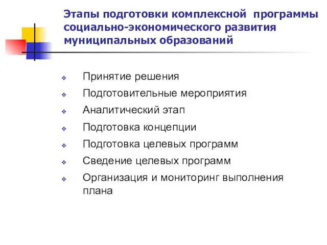 Этапы подготовки комплексной программы социально-экономического развития муниципальных образований Принятие решения