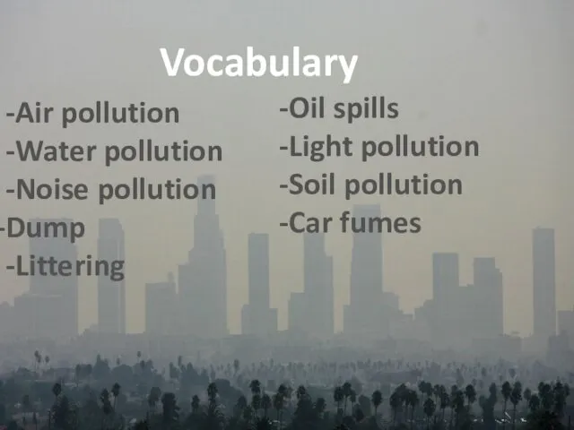 Vocabulary -Air pollution -Water pollution -Noise pollution Dump -Littering -Oil