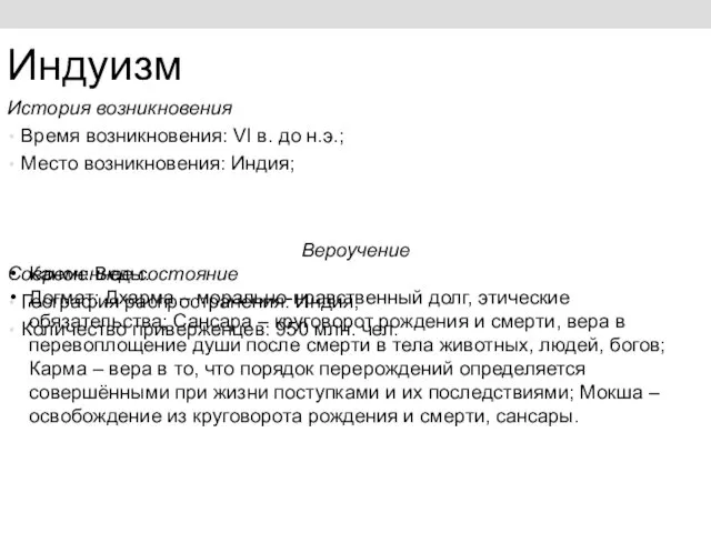 Индуизм История возникновения Время возникновения: VI в. до н.э.; Место