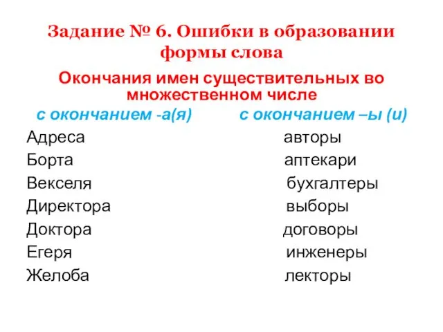 Задание № 6. Ошибки в образовании формы слова Окончания имен