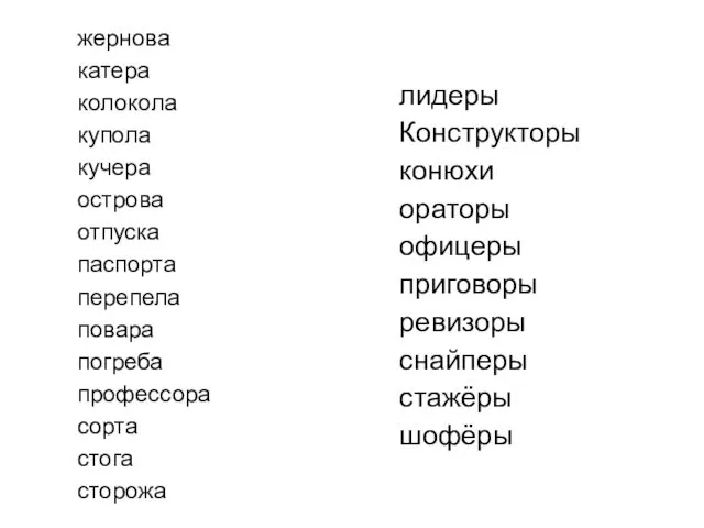 жернова катера колокола купола кучера острова отпуска паспорта перепела повара