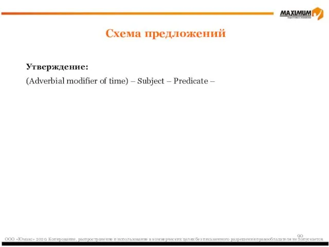 Утверждение: (Adverbial modifier of time) – Subject – Predicate – Схема предложений