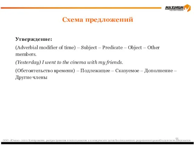 Утверждение: (Adverbial modifier of time) – Subject – Predicate –