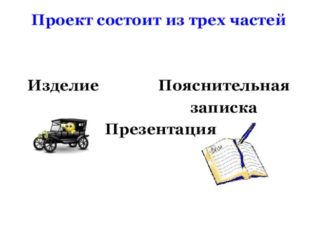 Проект состоит из трех частей Изделие Пояснительная записка Презентация