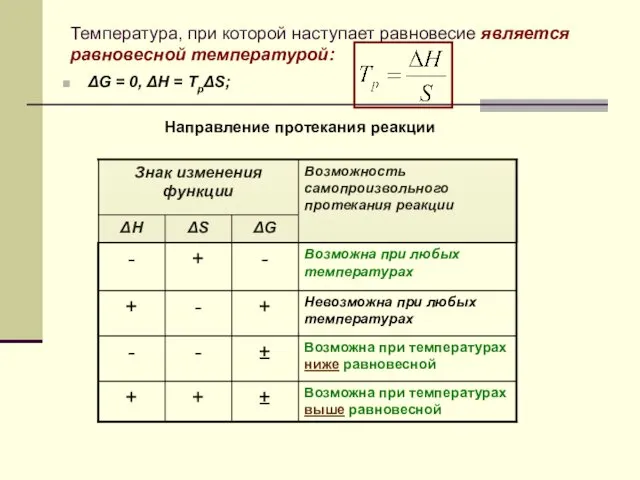 Температура, при которой наступает равновесие является равновесной температурой: ΔG =