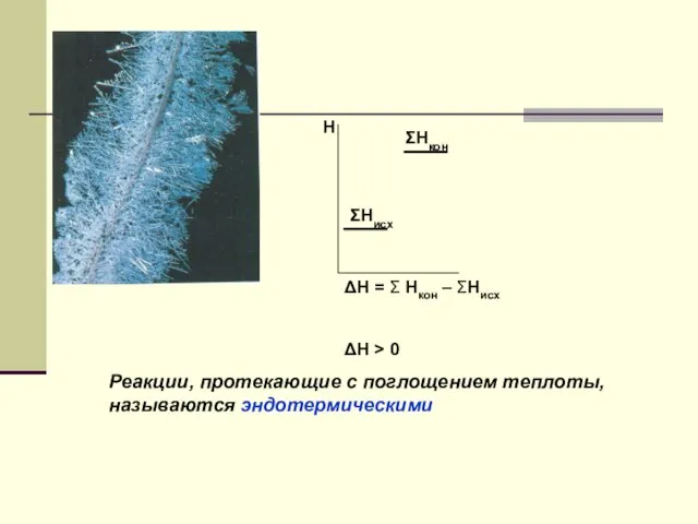 ΔН = Σ Нкон – ΣНисх ΔН > 0 Реакции, протекающие с поглощением теплоты, называются эндотермическими