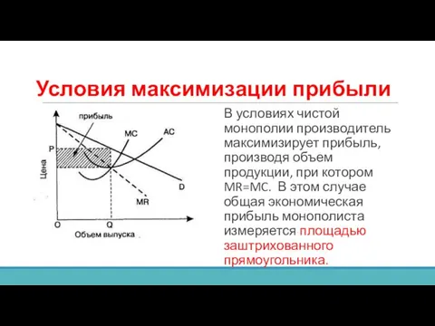 Условия максимизации прибыли В условиях чистой монополии производитель максимизирует прибыль,