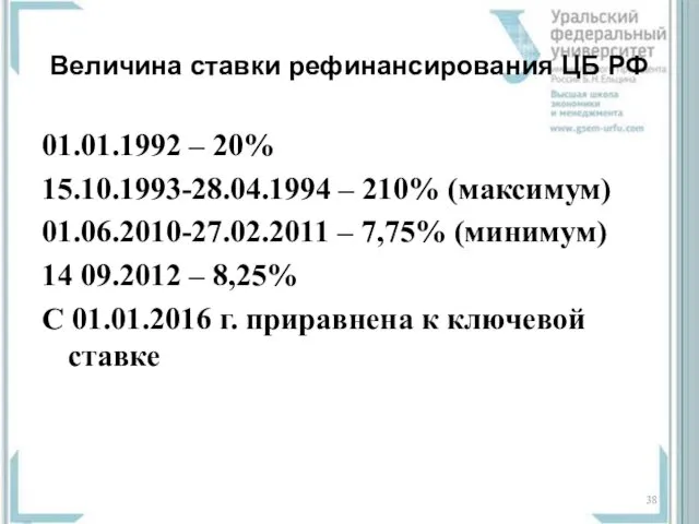 Величина ставки рефинансирования ЦБ РФ 01.01.1992 – 20% 15.10.1993-28.04.1994 –