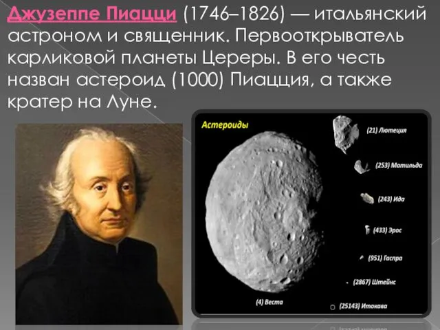 Джузеппе Пиацци (1746–1826) — итальянский астроном и священник. Первооткрыватель карликовой